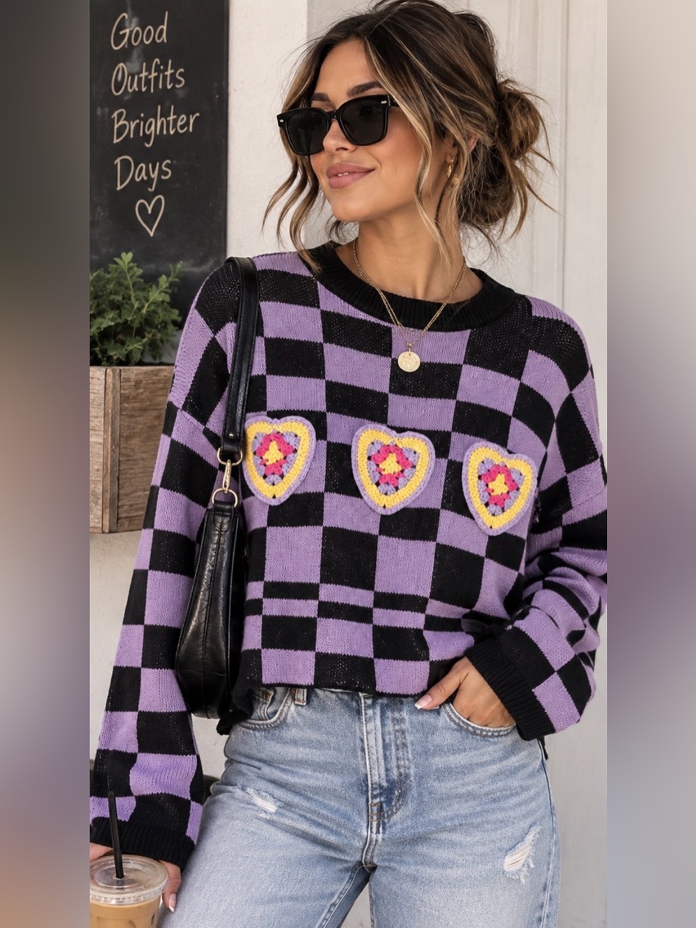 Neon & Nylon Checkerboard Crochet Heart Cropped Sweater